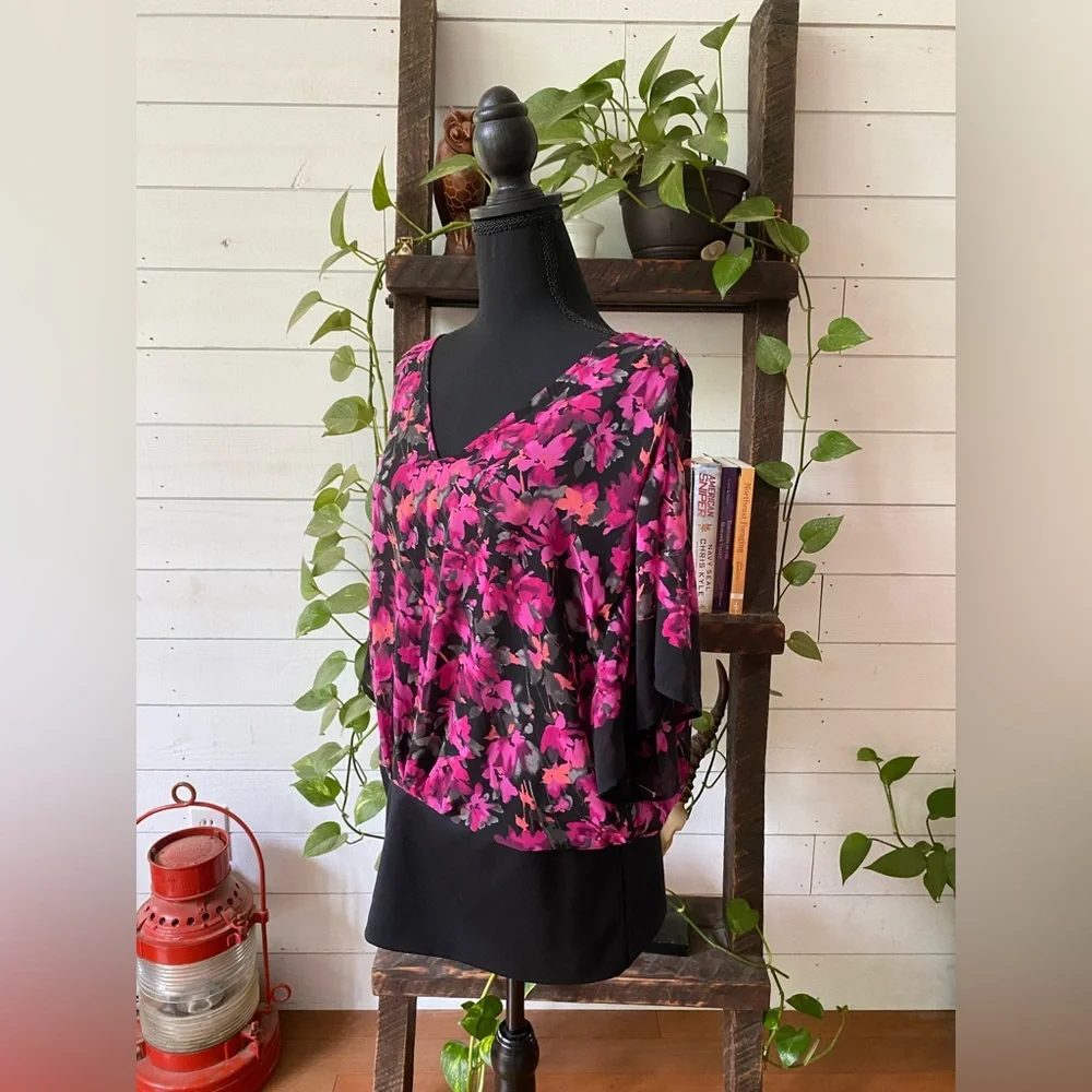 Elle: Pink and Black Floral Blouse with Cami